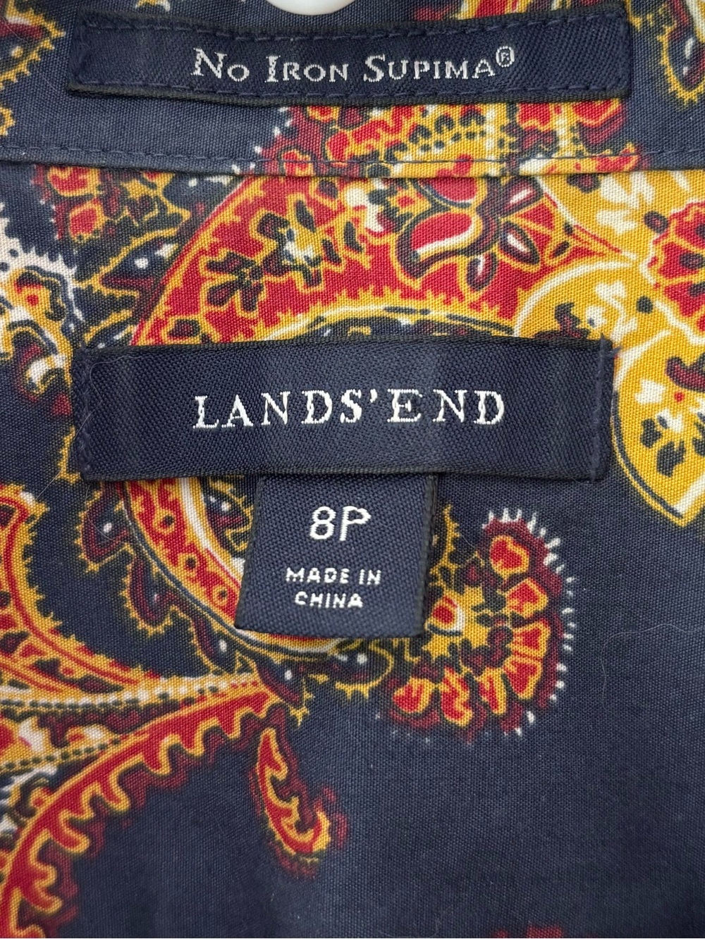 Lands' End Supima Cotton Button-Down Shirt Navy Orange Yellow Paisley Western - Picture 3 of 8